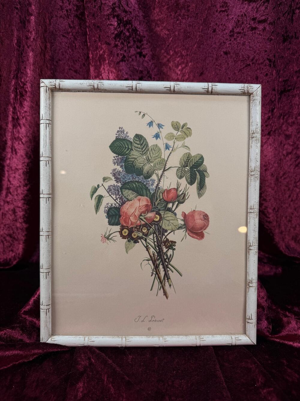 Vintage Framed Botanical Print – Hydrangea Floral Bouquet Bamboo Style Frame